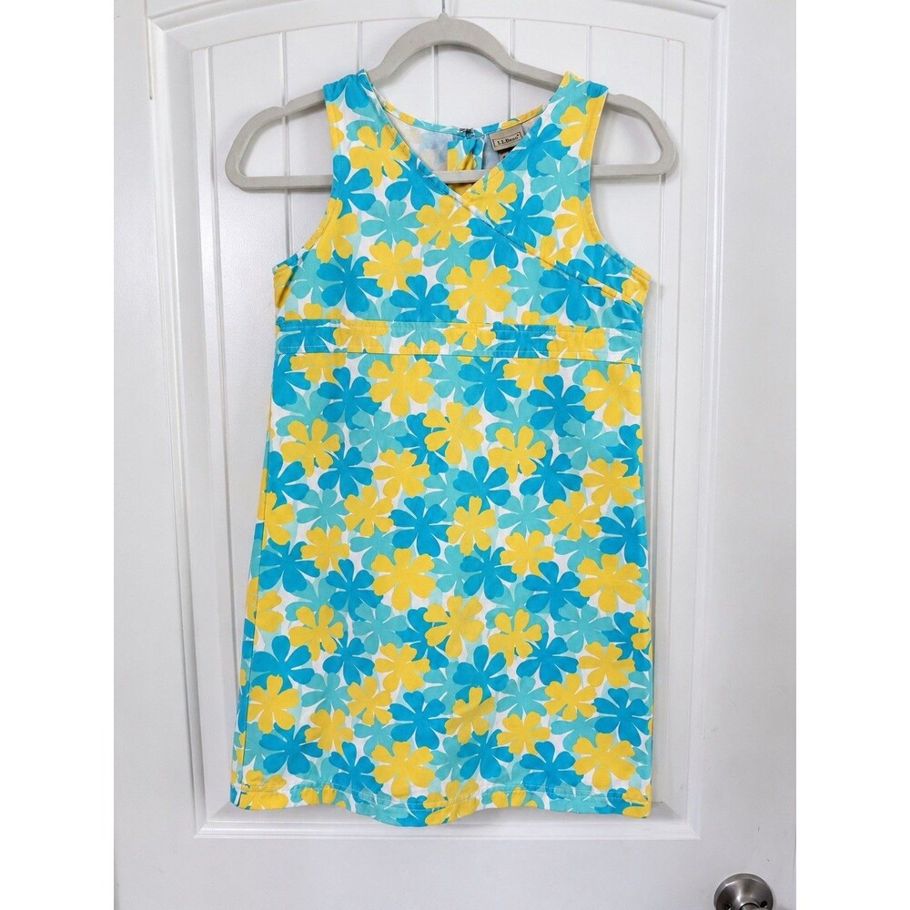 L.L.Bean Girls Dress Size 10 Blue Aqua Yellow Floral Sleeveless A-Line Sundress